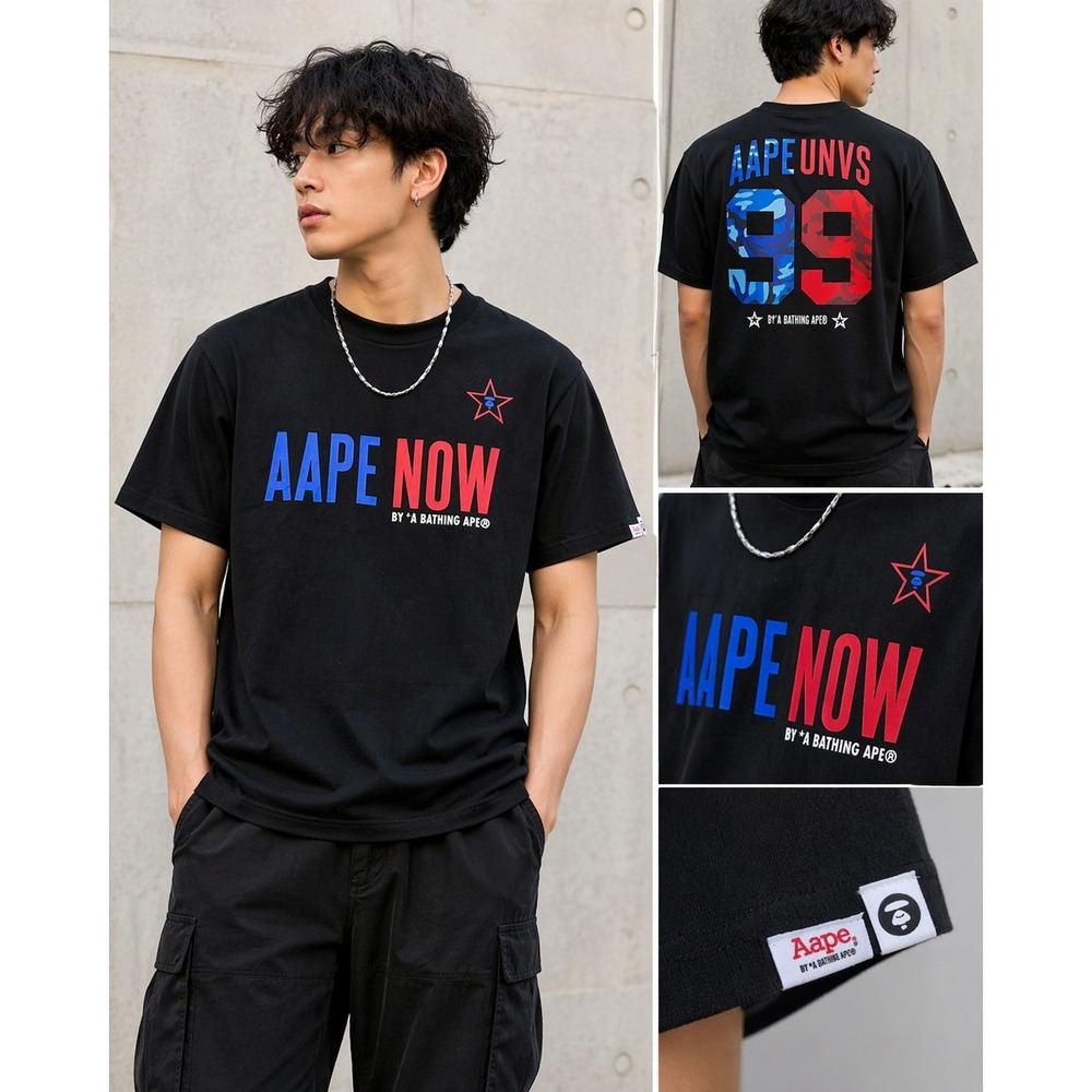 AAPE BAPE Graphic Tee Black Red Blue Logo Streetwear Shirt‎ Mens Small